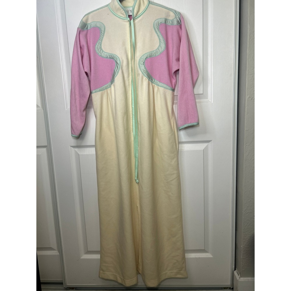Vintage Bill Tice Robe Full Zip Long Sleeve House‎ Dress Lounge Wear Pink Cream
